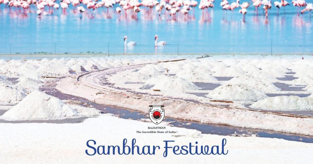 Sambhar Festival poster by Rajasthan Tourism showing salt pans and pink flamingos at Sambhar Lake, highlighting cultural events and tourism in Rajasthan.