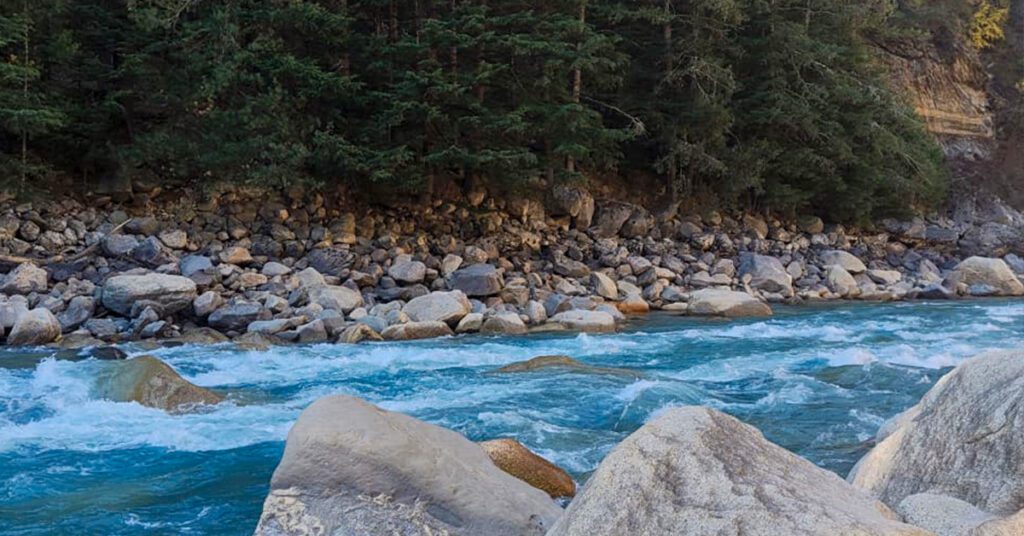 Clear blue Bhagirathi River flowing through rocky banks and pine forests 