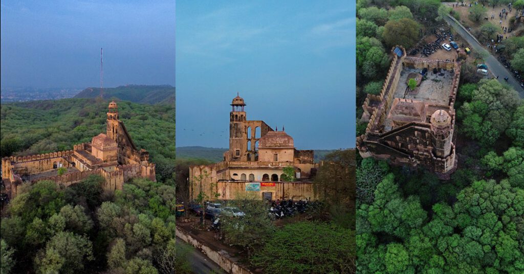 Charan Mandir from multiple angles, showing the historic hilltop temple surrounded by the Aravalli forests