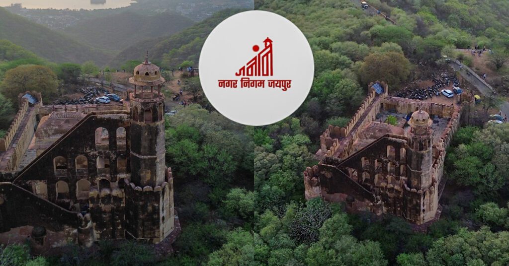Aerial view of Temple watchtower on the Aravalli hills in Jaipur alongside the Jaipur Nagar Nigam logo, showing how the hilltop watchtower’s structure inspired the civic logo design.