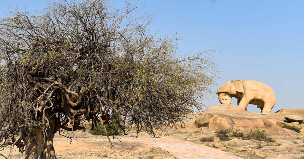 Hathi Bhata stone elephant statue with dry tree in foreground at Tonk, Rajasthan – historic monolithic sculpture carved from single rock, popular heritage site in India under clear blue sky.