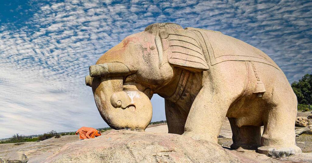 Hathi Bhata stone elephant statue in Tonk, Rajasthan – ancient monolithic sculpture carved from a single rock, heritage site and popular tourist attraction in India with clear sky background.