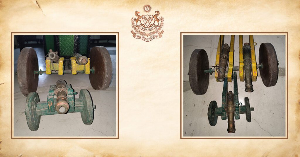 Old small cannons preserved in Uniara, including the historic ‘Sher Bachcha’ used by Raja Sangram Singh Ji during the Battle of Sambhar (1708 CE) against the Mughals.