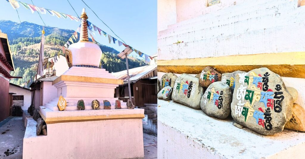 Buddhist monastery prayer stones and stupa in Mukhba village, Harsil Valley

