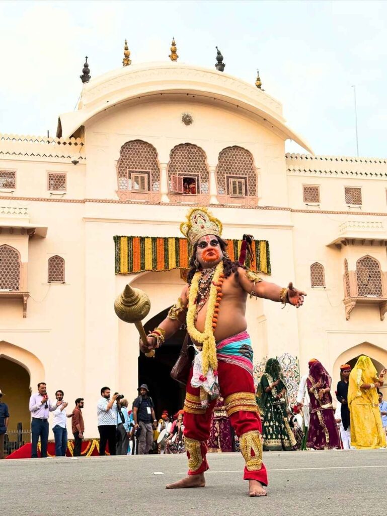 Behrupiya folk artist dressed as Lord Hanuman performing during the Teej Festival in Jaipur