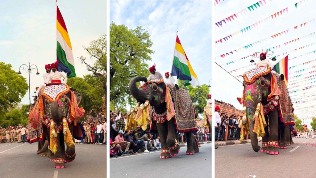 Nishan Hathi carrying Jaipur’s Pachranga flag during the traditional Teej Festival procession