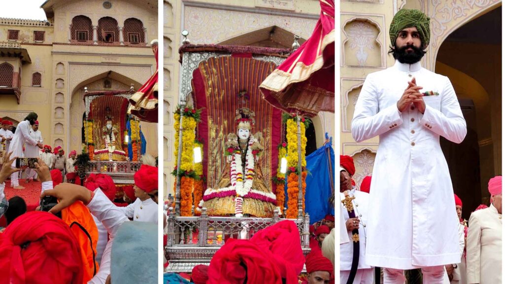 Jaipur royal family performs aarti as Teej Mata emerges from the palace for the Teej procession